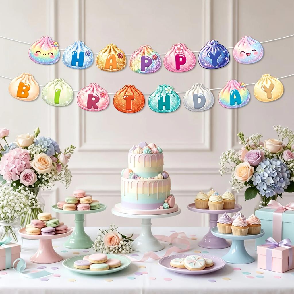 Happy Birthday Banner With Macaron Glitter Steamed Bun Shaped Colorful Flag Pre-Strung Hanging Bunting For Party Background Wall