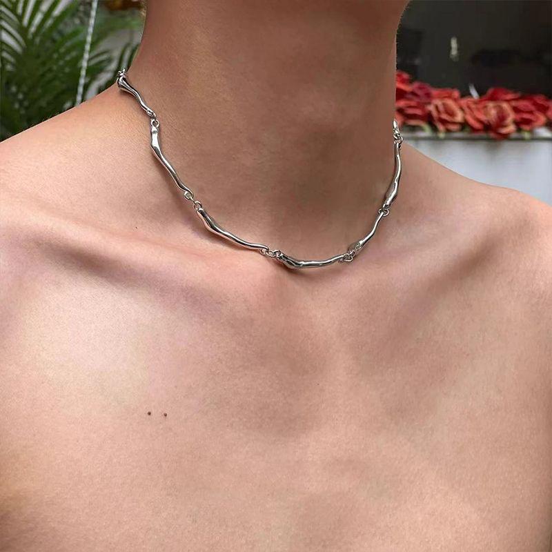 Silver Irregular Minimalist Chain Necklace, Men'S Simple Design Statement Jewelry Gift For Him