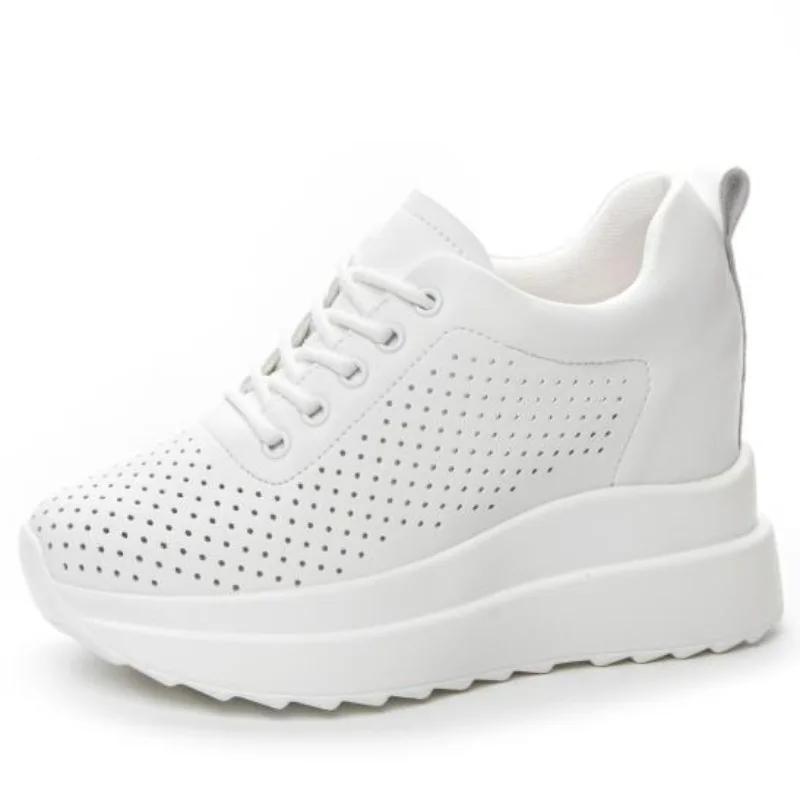 Fashion Hot quality10cm Genuine Leather Vulcanized Platform Wedge Casual Women Summer Shoes Fashion Sneakers Hollow Heels Increase Shoes