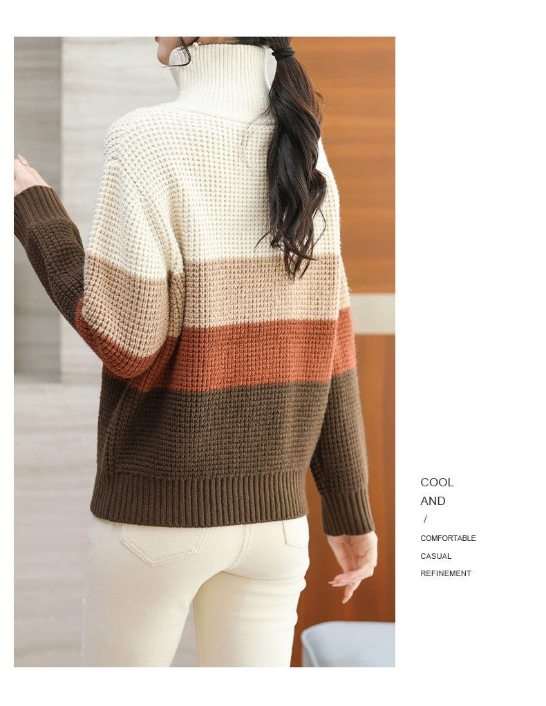 Women's Color Block Striped Lapel Sweater - Cozy Half-Zip Knit, Thick & Loose for Autumn/Winter.