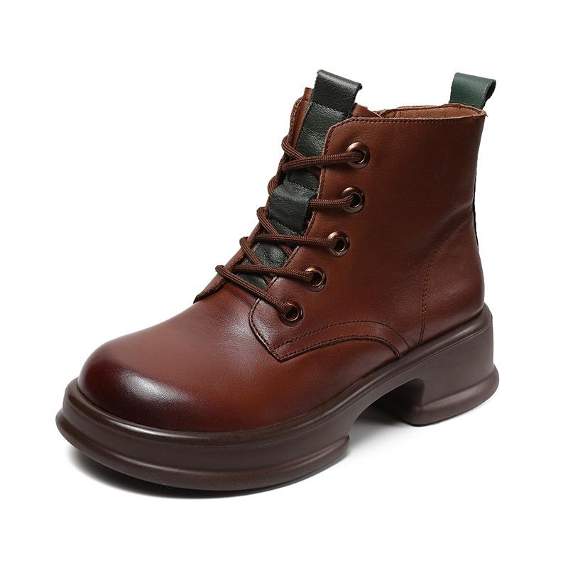 The First Layer of Cowhide Short Boots for Women In the Autumn and Winter of 2025, the New Velvet Thick-soled Casual Leather British Martin Boots F