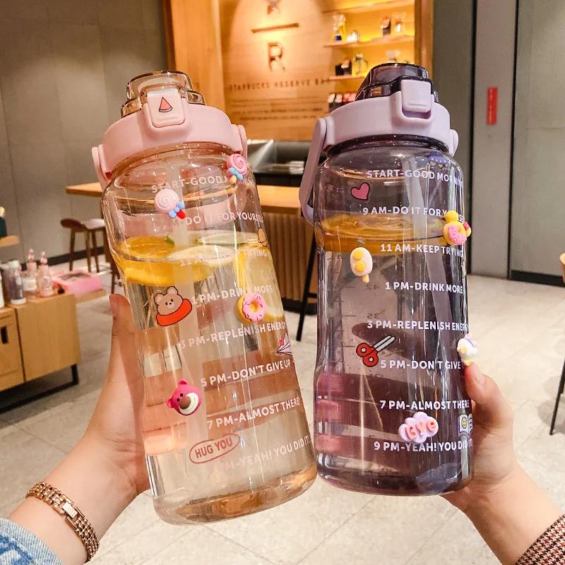 2L Sports Straw Water Bottle with Stickers Portable Large Capacity Fitness Bike Cup Summer Ice Cold Water Jug with Time Marker