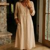 Abito midi da donna a maniche lunghe con bottoni in lino, vestibilità ampia, scollo a V, casual, tinta unita, con tasche, per uso quotidiano