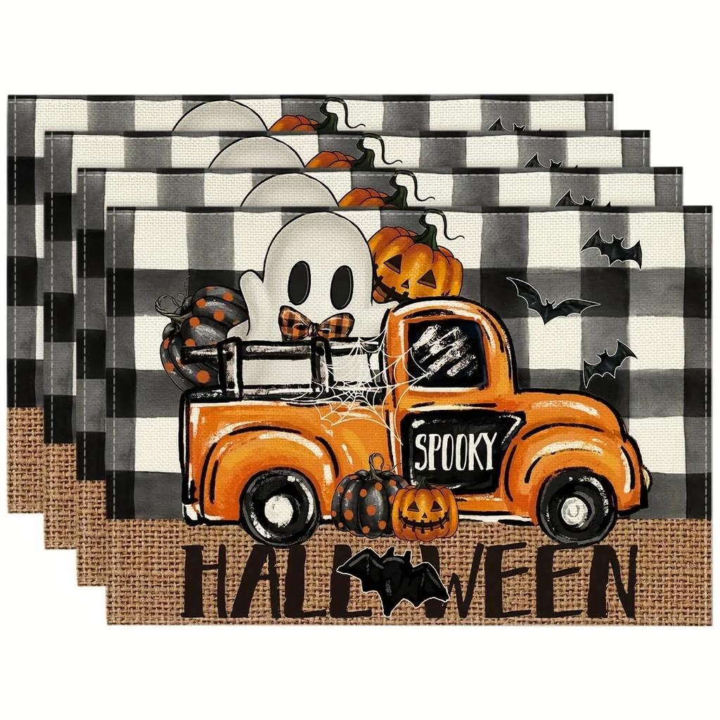1PC Halloween Linen Meal Mat with Grid Pattern Featuring Bats and Ghost Trucks Perfect for Kitchen Table Decoration