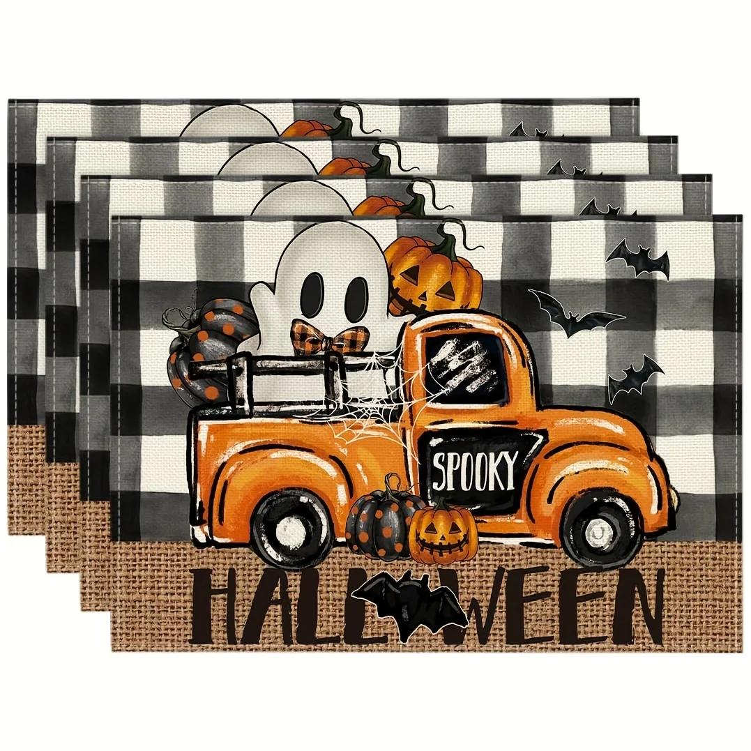 

4/6/8Pcs Water Buffalo Plaid Pattern Placemats Halloween Festival Bat and Ghost Decor Kitchen Dinging Table Mats Coffee Cup Pads 4Pcs-30X45cm(12X18in