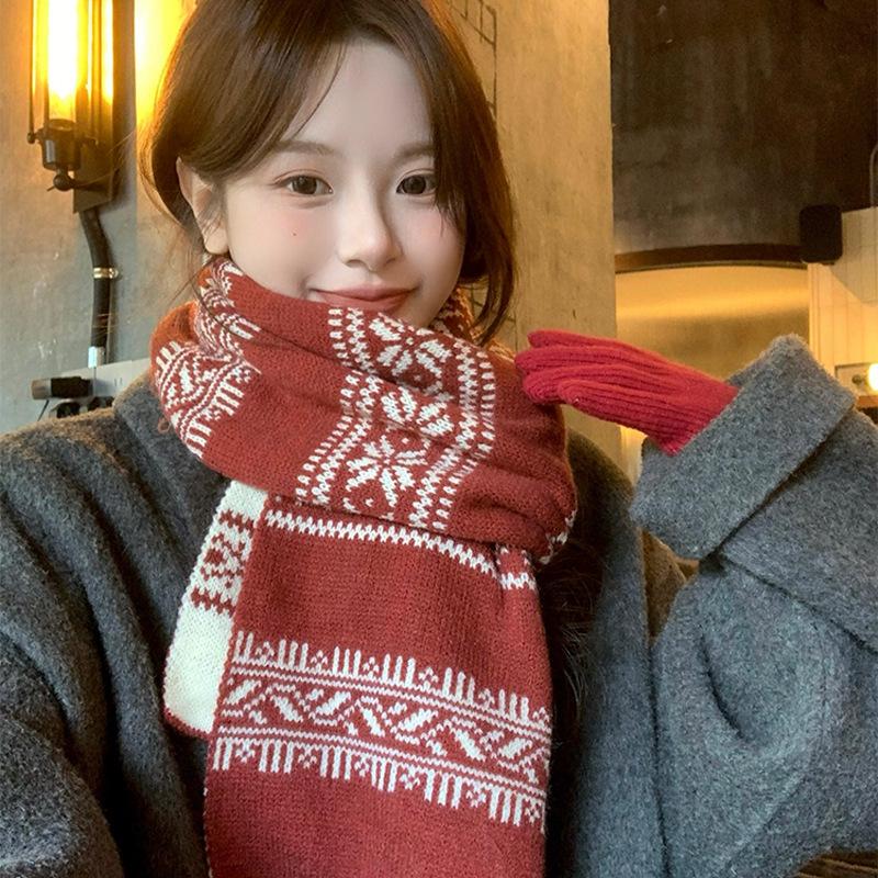 Christmas Snowflake Double-sided Knitted Cashmere Scarf Women's Winter Korean Atmosphere Warm Neck Protection Wool Scarf Shawl