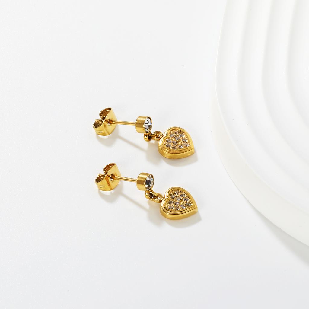 Delicate and Sweet Heart-shaped Diamond-studded Earrings for Women, Stainless Steel with Gold Plating Luxury Fashion Jewelry