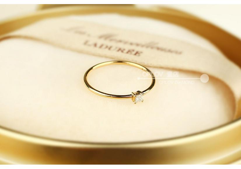 14K Gold-Plated 925 Sterling Silver Women's Ring with Princess-Cut Zirconium, Korean Japanese Style, Thin Band Tail Ring