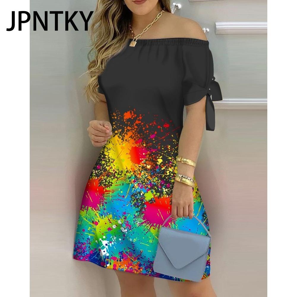 JPNTKY Women Fashion Off Shoulder Dress Short Sleeve Bow Tie Print Dresses Summer Beach Dresses Plus Size