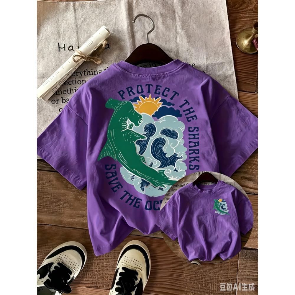 New Arrival Cotton Hammerhead Shark Graphic Short Sleeve Daily Casual Unisex Kids Adults Loose Beach Top