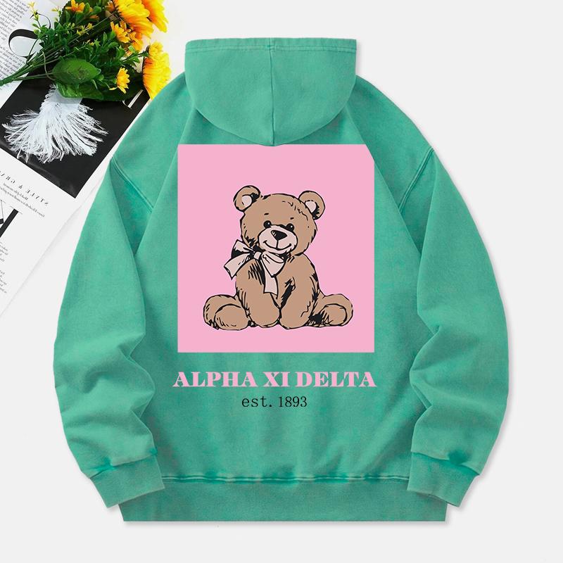 

Розовый Мишка с Бантиком Выстиранные Худи Женские Мультяшные Принтованные Хлопковые Уличные Одежды Теплый Карман Оверсайз Пуловер Одежда 3XL