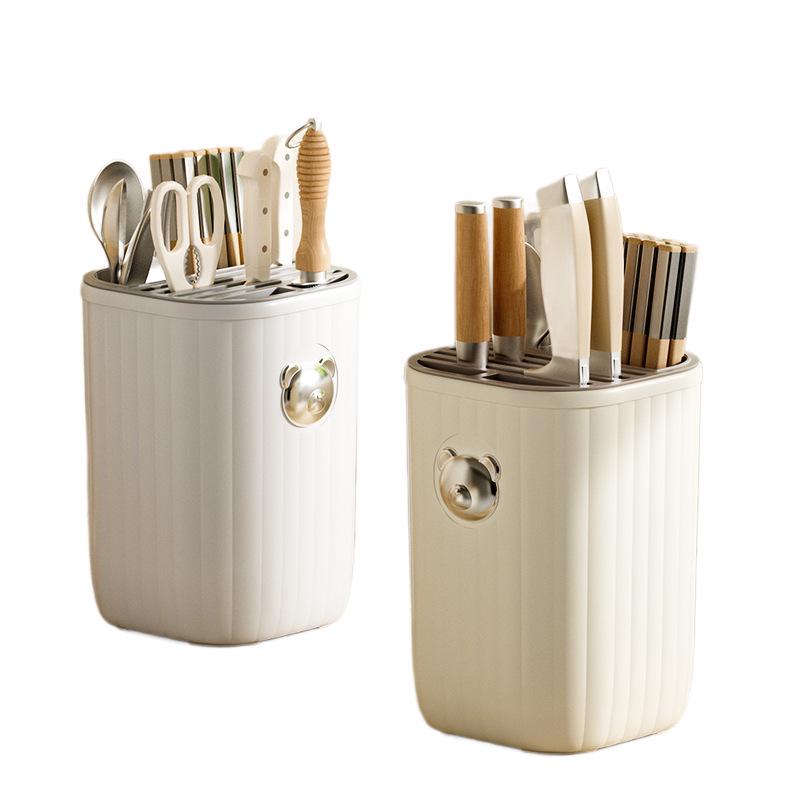 Porte-couteaux et baguettes rotatif couleur crème avec boîte de rangement et égouttoir