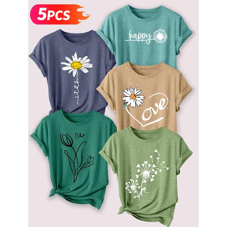 Minimalist hand-drawn small daisy fresh floral print Five-piece set of women's short-sleeve tops Elegant Summer Party Outfits Essential fashion items