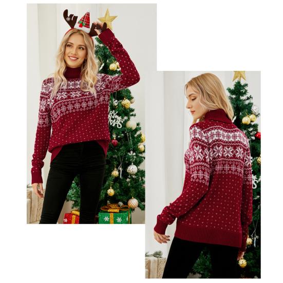 Women Christmas Sweater High Collar Long Sleeve Jacquard Snowflake Print Knitting Tops Loose Fit Knitwear