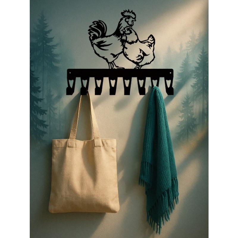 Hand Forged Iron Rooster and Hen Key Holder Wall Decor 8 Hooks Farmhouse Entryway Rustic Chicken Wall Art Animal Lover Gift Vintage Country Home