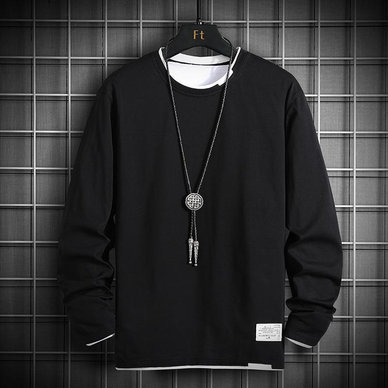 Spring Autumn Fake Two Pieces Cotton T-shirt Male Long Sleeve Casual Tee Men All-match Bottomed Pullover Tee