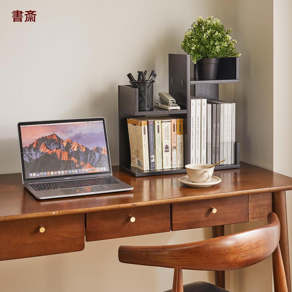 Aibiju Bookshelf, Low Desk Rack, Wooden, 40cm Wide X 18cm Deep X 41cm High, Stationery Storage, Cute Two-Tier Bookshelf with Cactus Shape, Bookends,