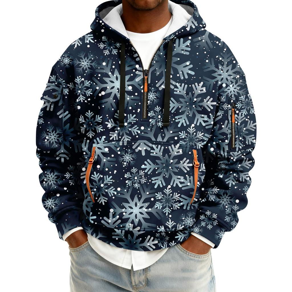 Sudadera deportiva casual de media cremallera con capucha y estampado navideño para hombre