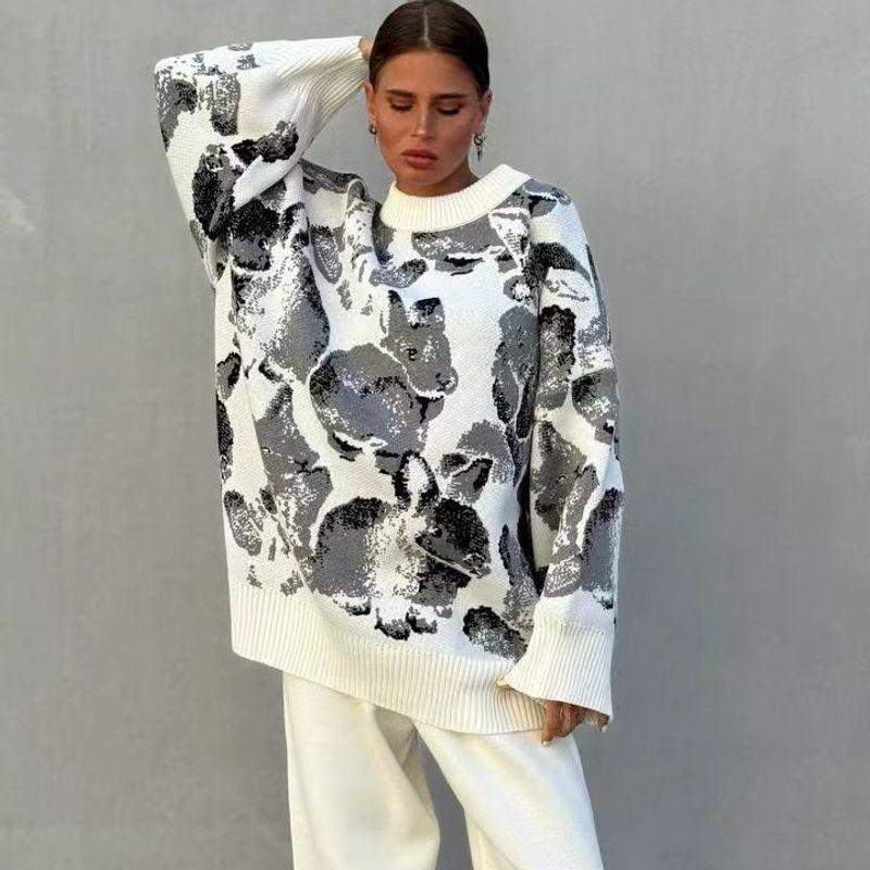 

European and American New Casual Sweater Straight Trousers Two-piece Set Knited Sweater and Pants Set Black and White M