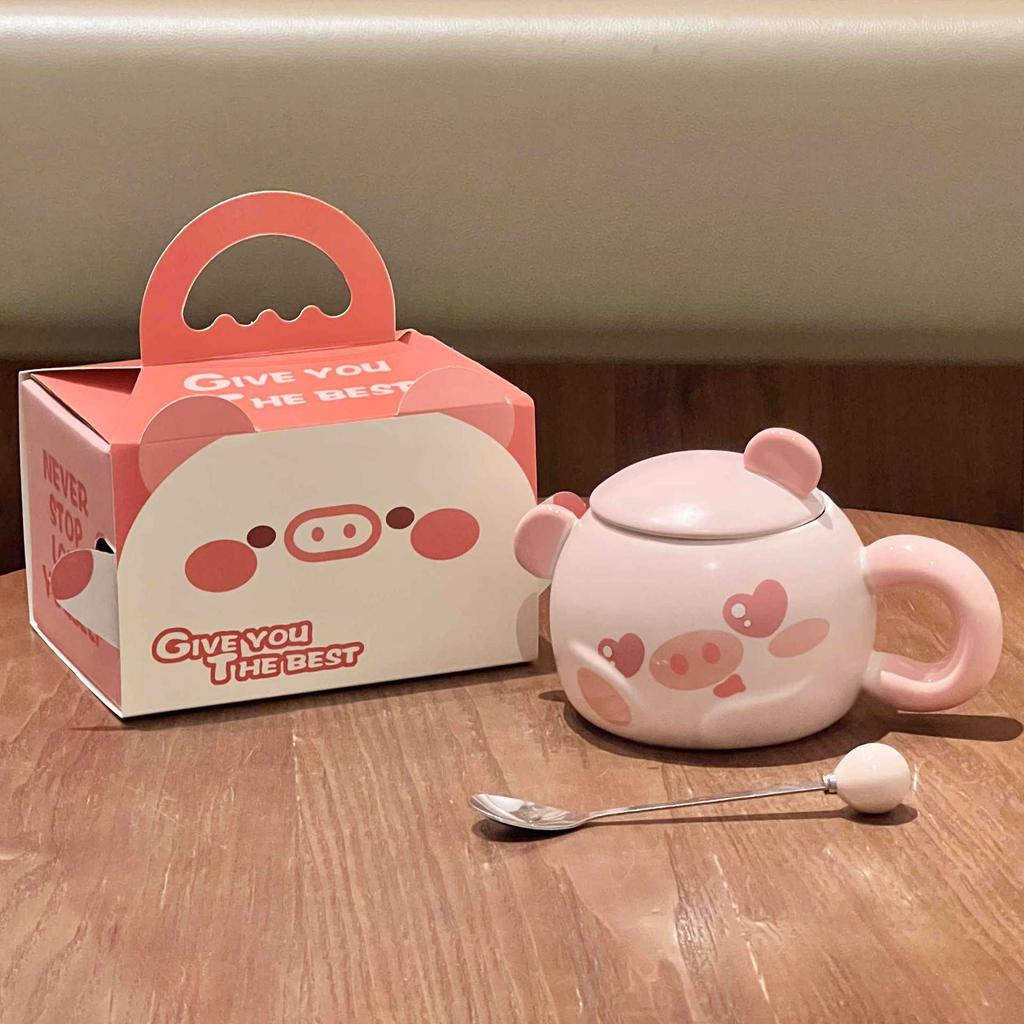 Cute Cartoon Piggy Ceramic Cup Girl Heart Mug with Lid Spoon Office Coffee Mug Birthday Gift