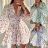 Women's V Neck Puff Sleeve Mini Dress Floral Print Lace Trim High Waist Swing Short Sundress