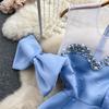 Elegante abito da sera in rete con fiocco in pietra con strass Abito da donna blu chic a maniche corte alla moda Abiti spaccati Abito da donna a vita alta con tromba di base 2024