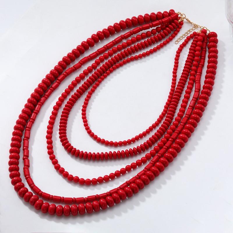 Handmade Red Beaded Layered Necklace Women Boho Chic Statement Jewelry With Geometric Design 81cm Length