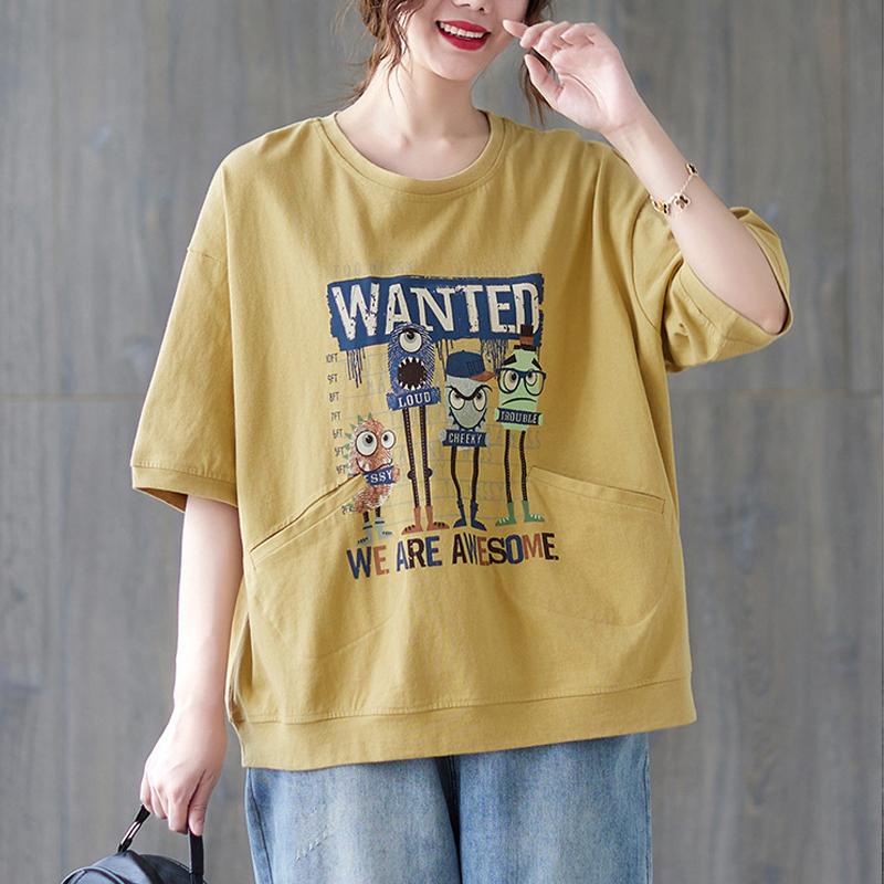 

Johnature круглый вырез с мультяшным принтом, свободная футболка с короткими рукавами, летний карманный простой пуловер, женские повседневные футболки