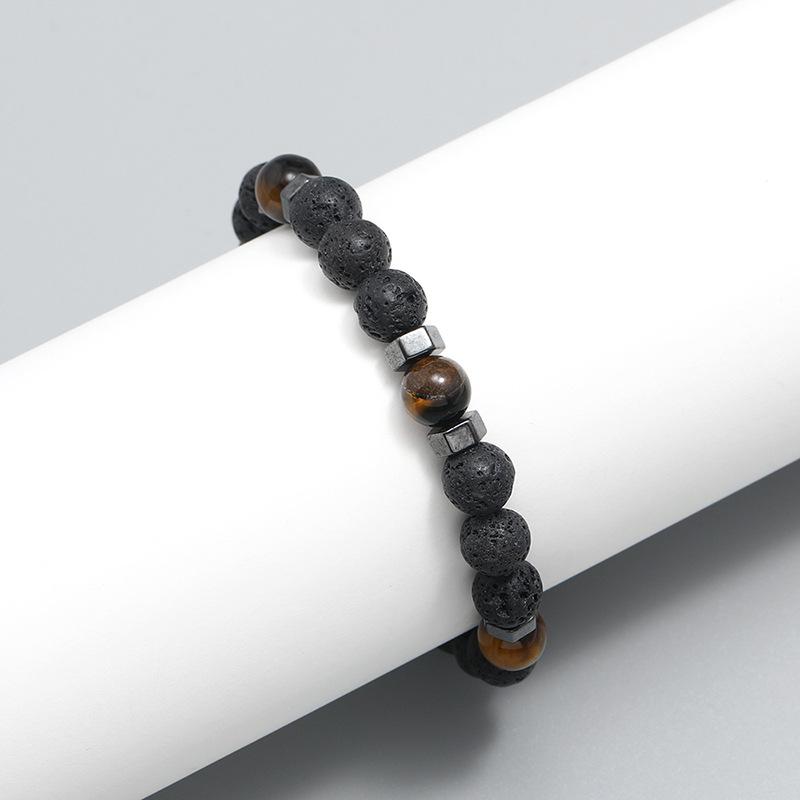Handmade Elastic Lava Wooden Beads Bracelet for Men Volcanic Stone Tibetan Buddha Male Wrist Chain