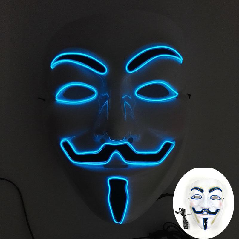 Halloween Glowing V Mask EL Wire Neon Light Up Anonymous Mask Cosplay Horror Luminous Mask for Man Women Haunted House Props