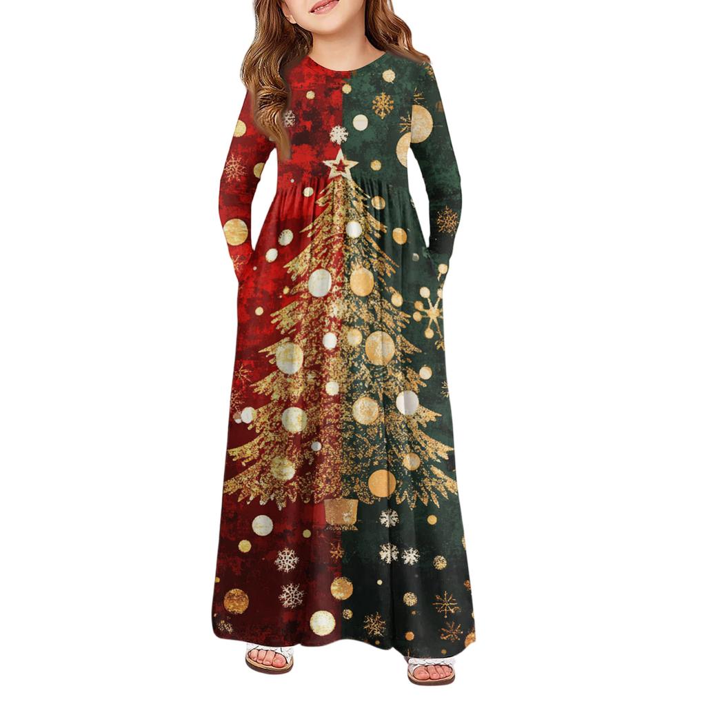 Девичье платье макси - Платье с длинным рукавом и карманом на Рождество
