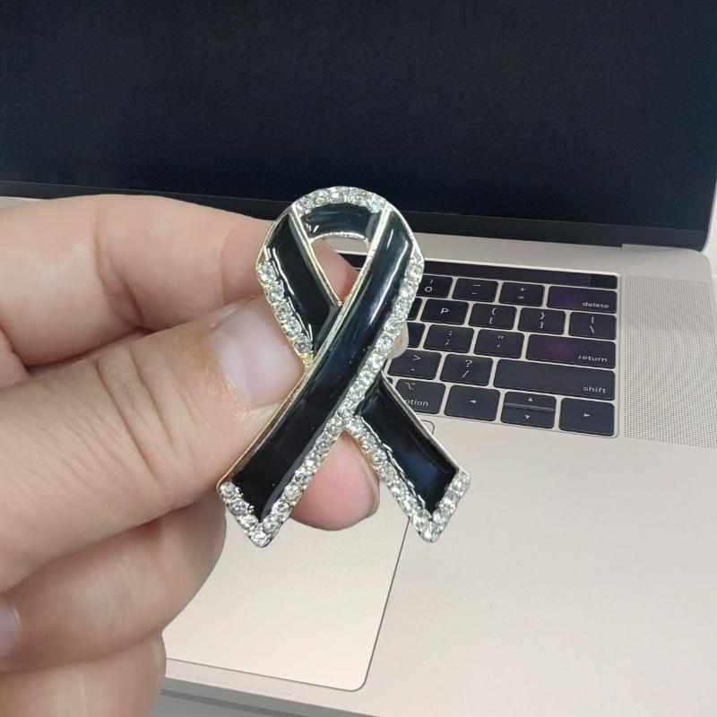 Black Rhinestones Ribbon Brooch Memorial Funeral Pin Mourning Badge Unisex Suit Shirt Clothing Decoration Accessories