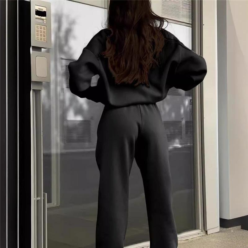 Autumn Winter European And American Half Zipper Stand Up Hoodie Set Solid Color Loose Casual Two Piece Set