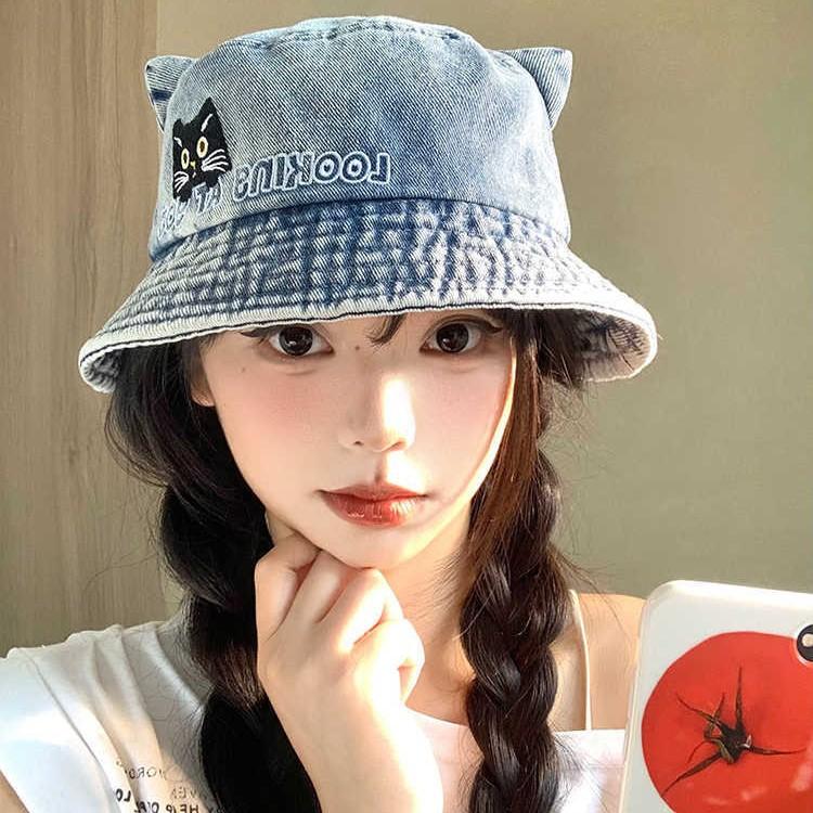 Cat ears embroidered bucket hat spring and autumn sweet hat women's retro versatile cowboy hat casual basin hat