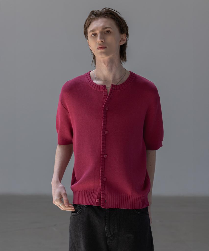 Dekkoloso Panel Rib Short Sleeve Summer Round Cardigan [Deep Pink]