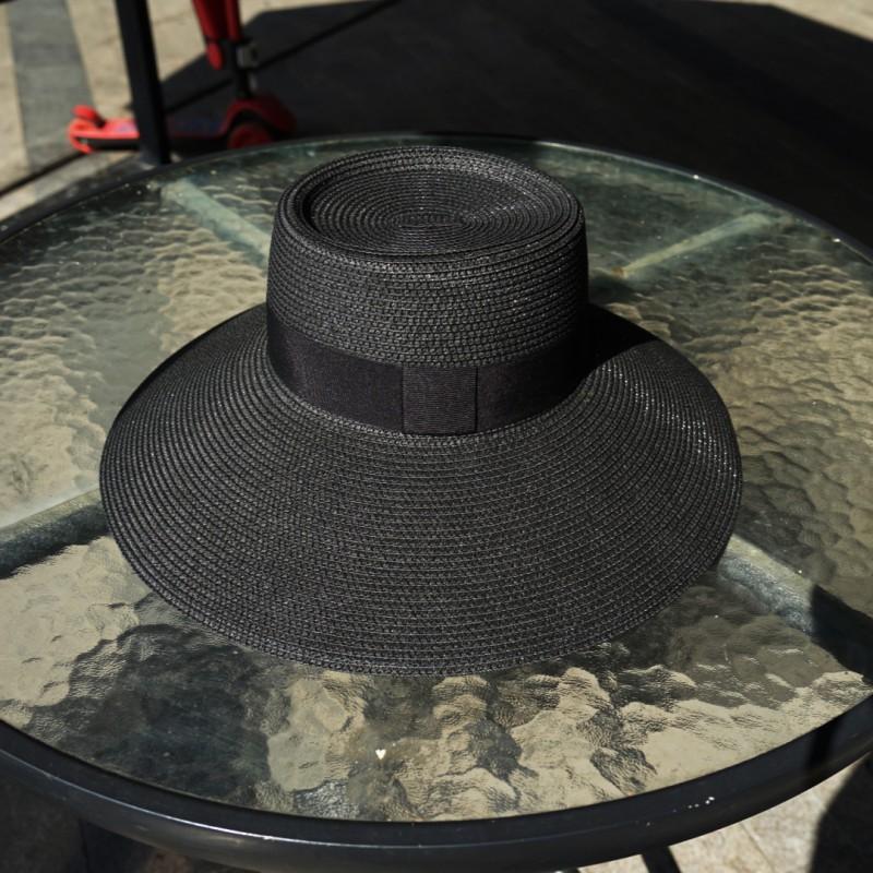 French Vintage Hepburn Style Black Wide Brim Floppy Sun Hat Women Beach Vacation UV Protection