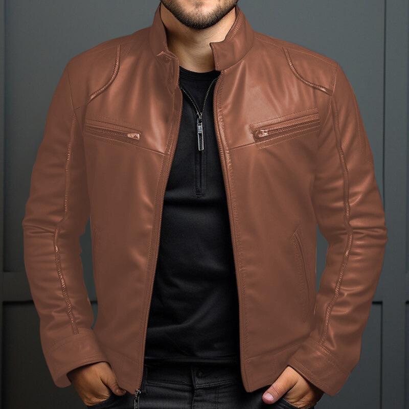 Winter Business Gentleman Warm Zip Cardigan Pocket Decorative PU Leather Jacket Stand-Up Collar Slim Leather Jacket