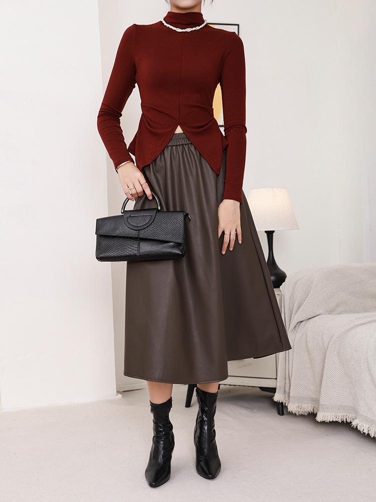 Damen Midirock in A-Linie mit hoher Taille aus PU-Leder – Schlankmachend, vielseitig, perfekt für Herbst und Winter
