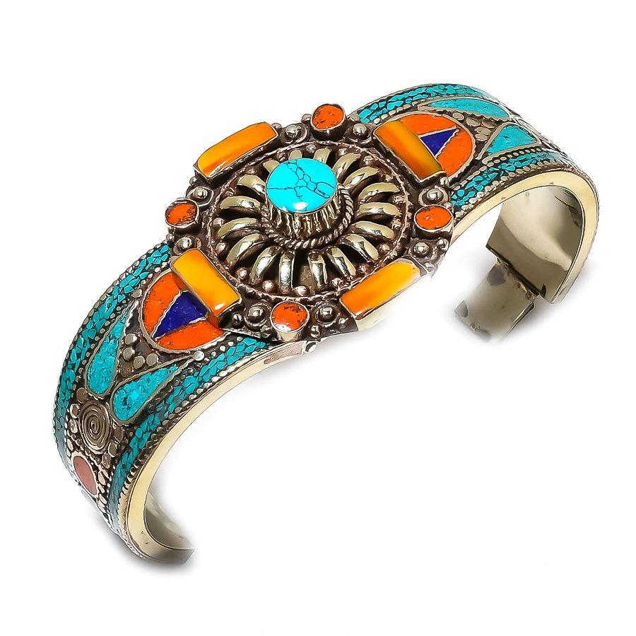 

Natural Tibetan Turquoise, Coral Gemstone Handmade Cuff Bangle Adjustable m4q04
