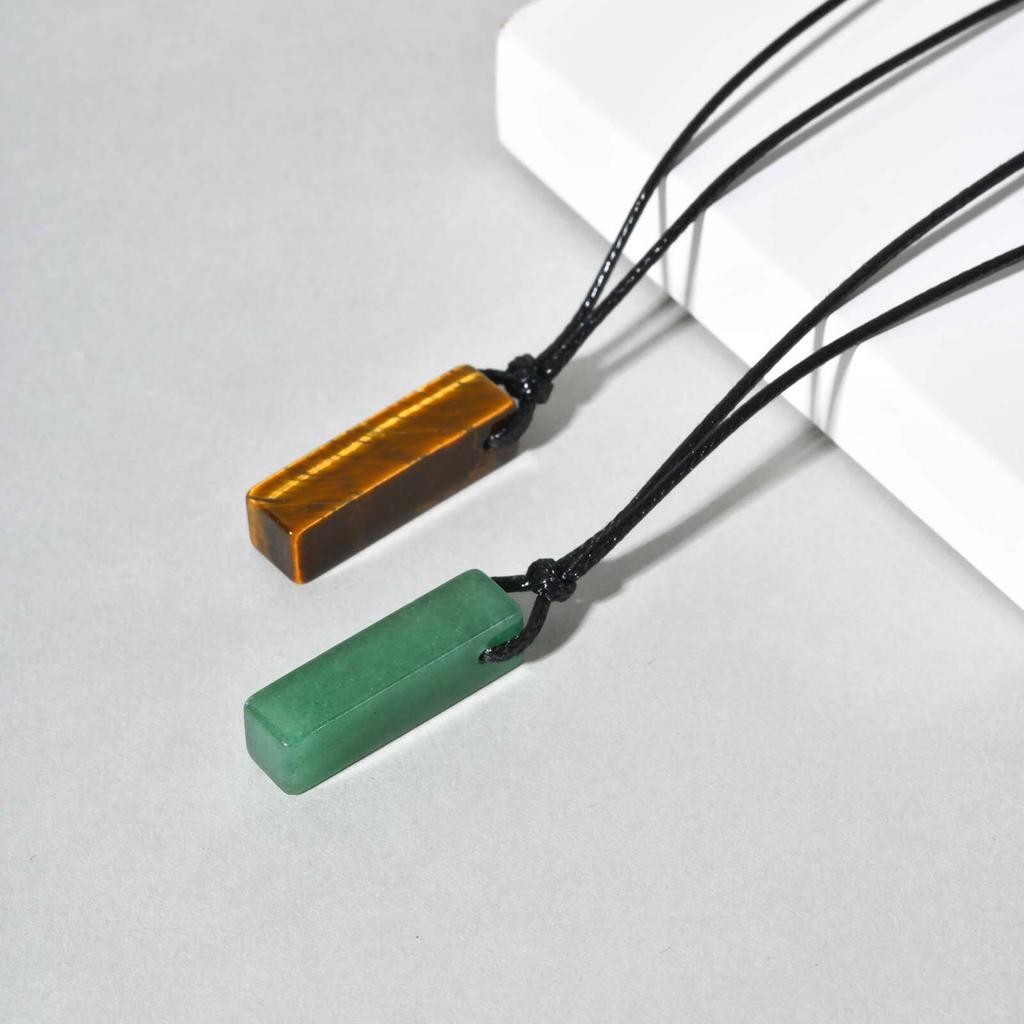 Green Healing Natural Stone Necklace for Men,Cylinder Pendant with Black Leather Long Wax Rope Collar,Sweater Chain Gift