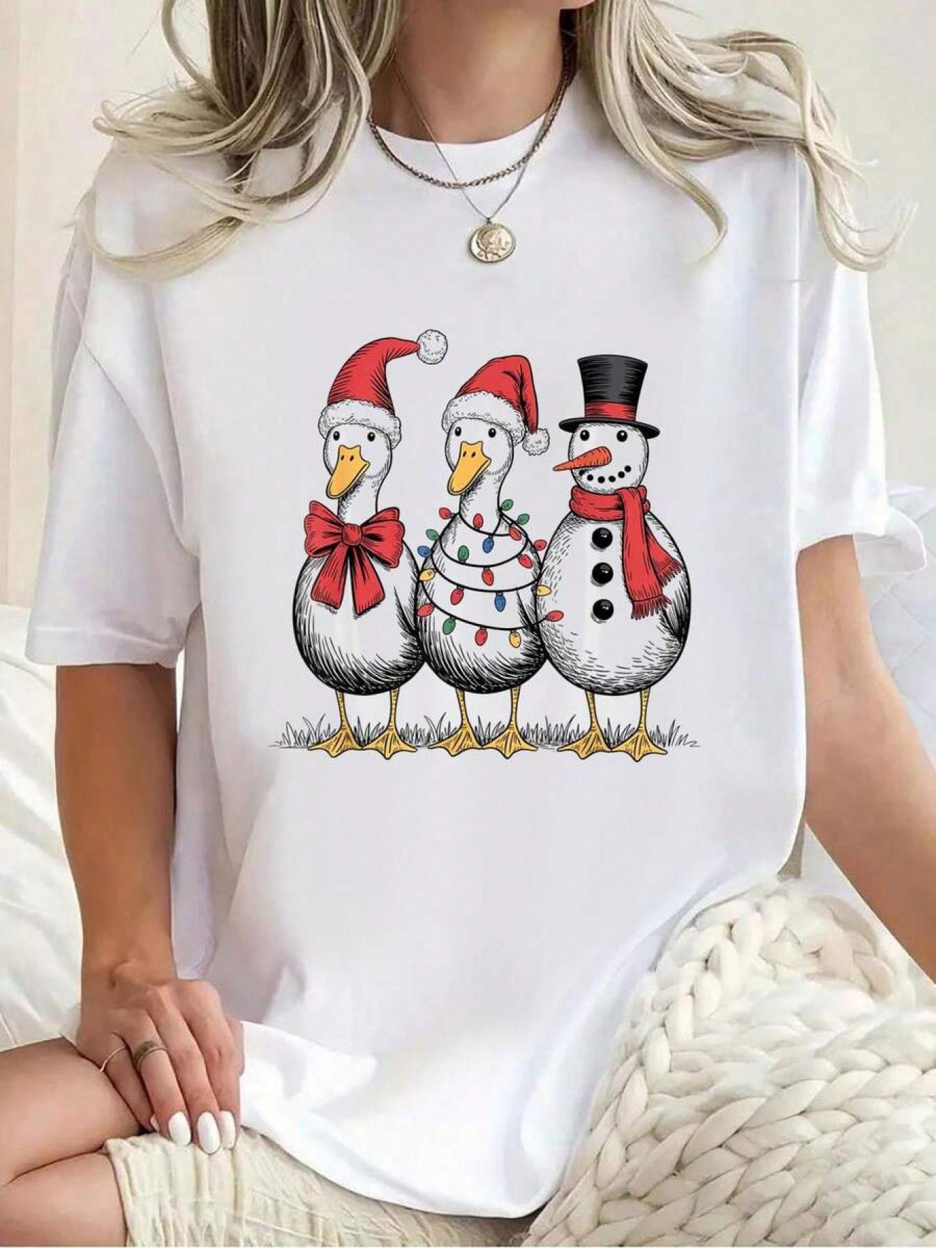 

WomenS Vintage Funny Christmas Goose Graphic Cute SnowUnisex Goose Design with Bow Fit Short Sleeve Crew Neck Clothing S