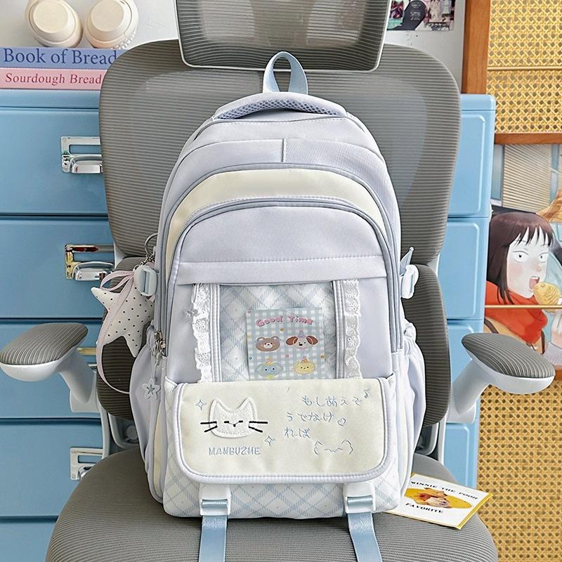 Schoolbag Japanese School Bag Female Cat Letter Plaid Large Capacity Backpack Sweet Versatile Junior High School Girls Light Backpack