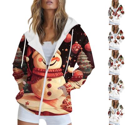 Damen Weihnachts-Sweatshirt mit Aufdruck Winter Langarm Strickjacke Jacke mit Taschen Reißverschluss Kapuzenpullover Oberbekleidung