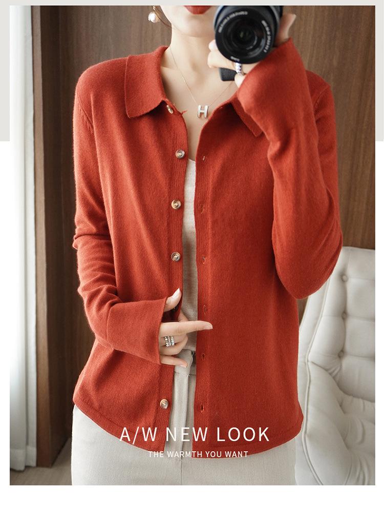 Women's Wool Cardigan with POLO Collar - Long Sleeve Sweater for Spring & Autumn