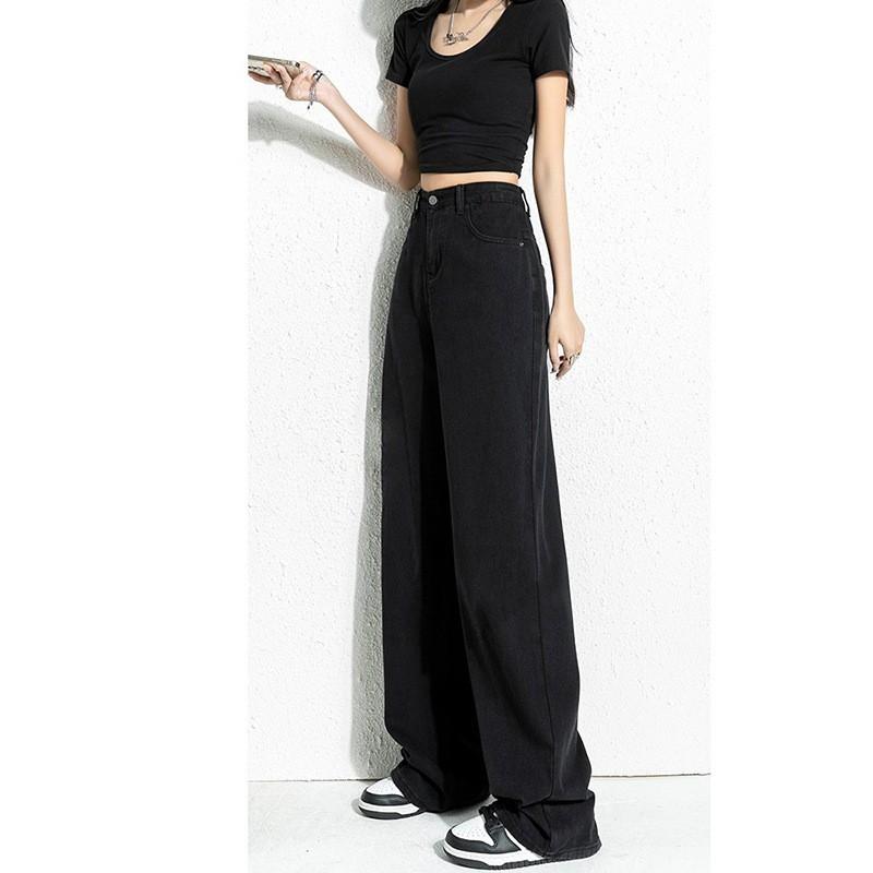 High Waist Wide Leg Straight Cut Denim Pants Women Comfortable Loose Fit Cotton Blend Classic Black