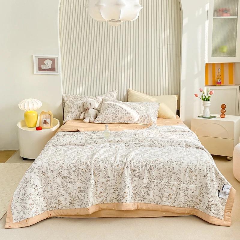 Fresh Floral Quilt 100% Cotton Flowers Print Air Conditioning Quilted Quilt Soft Breathable Lightweight Multifunction Blanket