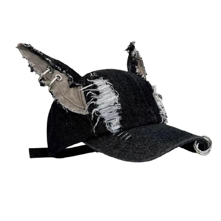 Grunge-Hut für Damen, verstellbarer Riemen, Used-Look-Trucker-Cap mit Hundeohren und Metallringen, Punk-Kopfbedeckung für Musikfestivals