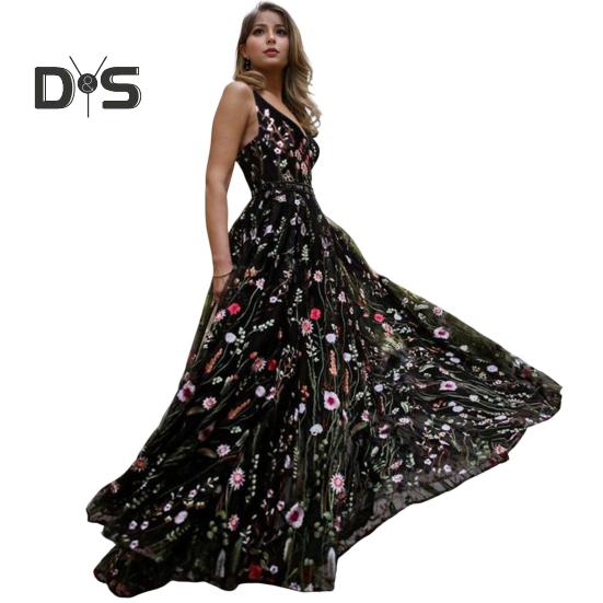 

Женское вечернее платье с V-образным вырезом, без рукавов, цветочной вышивкой, открытой спиной, А-силуэтом, высокой талией, двухслойное бальное коктейльное вечернее банкетное макси-платье S чёрный