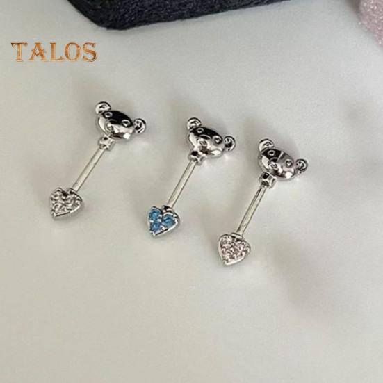 1 PC Boucles d'oreilles à clous Ours de dessin animé et forme de cœur Zircone cubique brillante Boucles d'oreilles pour cartilage pour les soirées en club Anneau de nez sans pas de vis