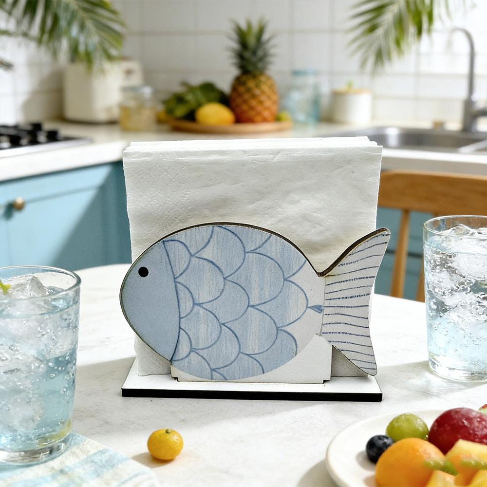 Wooden Tissue Holder Designed In a Fresh Ocean Blue Striped Fish Style,Perfect for Mediterranean-Themed Decor,kitchen Holder